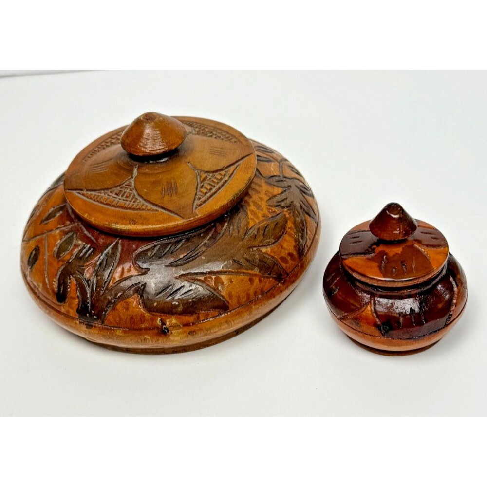 Vintage Carved Wood Jar Set Boho Botanical Lidded Bowls Rustic Trinket Box Decor